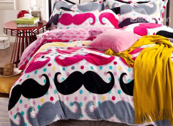 Super Soft Funny Mustache Print 4-Piece Coral Fleece Duvet Cover Sets