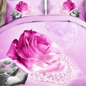 Shining Fuchsia Rose and Pearl Print 4-Piece Cotton Duvet Cover Sets