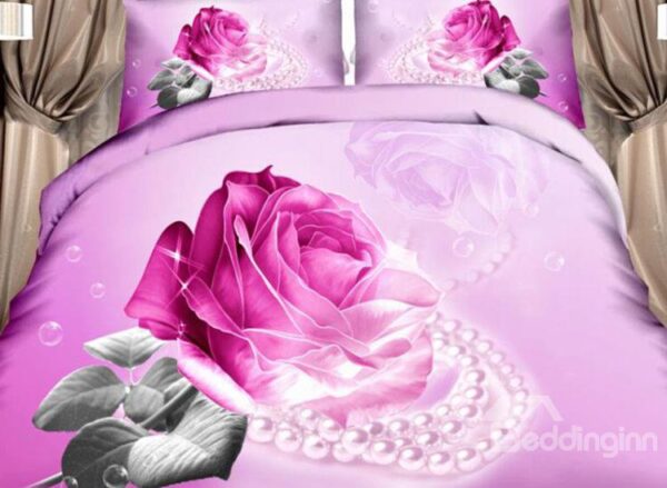 Shining Fuchsia Rose and Pearl Print 4-Piece Cotton Duvet Cover Sets