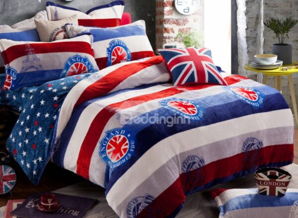 Modern Union Jack Print 4-Piece Coral Fleece Duvet Cover Sets