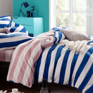High Quality Blue Stripe Print Reversible 4-Piece Coral Fleece Duvet Cover Sets