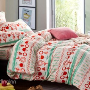 Best Selling Green and Red Cartoon Flower Print Reversible 4-Piece Coral Fleece Duvet Cover Sets