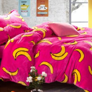 New Arrival Bright Color Banana Print Reversible 4-Piece Coral Fleece Duvet Cover Sets