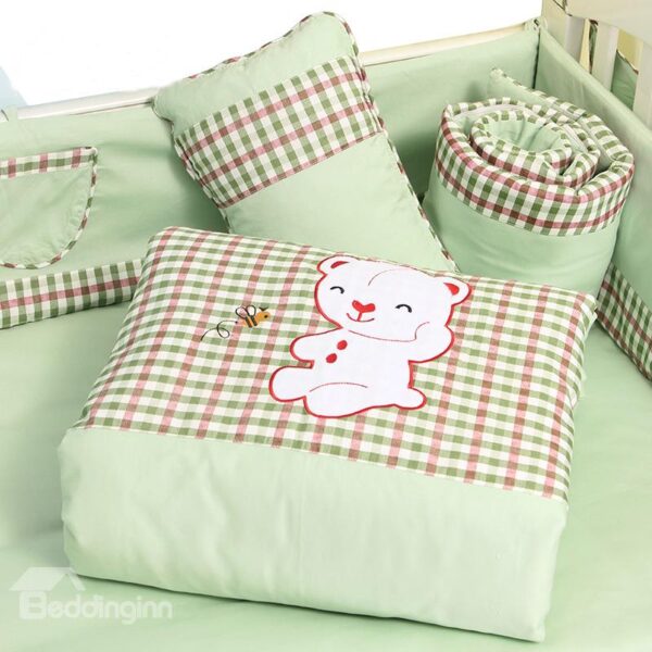Warm and Comfortable Joyous Bear Green and Red Squares Crib Bedding Set