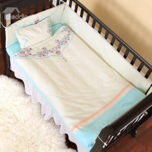 Delicacy Flower Embroidery Pattern Blue Crib Bedding Set