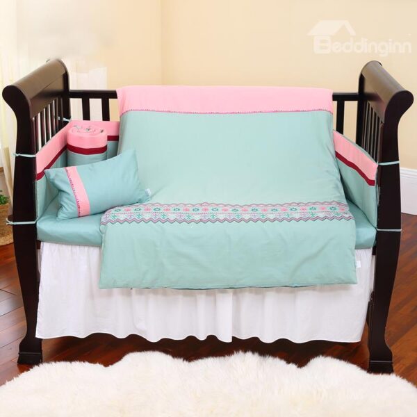Pink and Green Flowers Stripe Pattern 10 Piece Crib Bedding Set