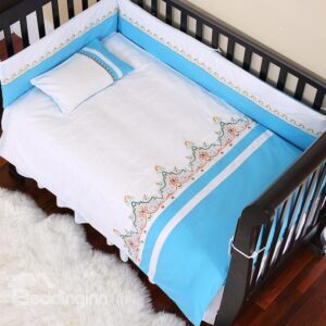 Wave Style Flower Bright Blue Stripe Border Crib Bedding Set
