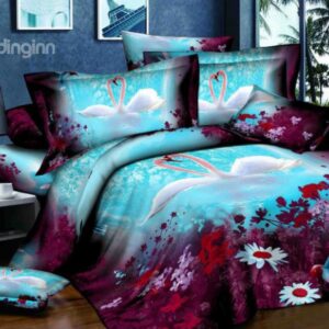 White Swan Couple and Purple Flower Print 4-Piece Polyester Duvet Cover Sets