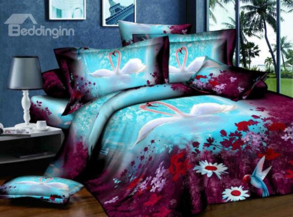 White Swan Couple and Purple Flower Print 4-Piece Polyester Duvet Cover Sets