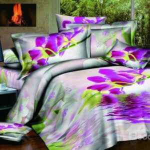 Delicate Purple Flower on Water Print 4-Piece Polyester Duvet Cover Sets