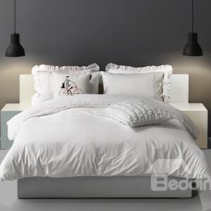 Minimalist Pure White Lace Edging 4-Piece Cotton Duvet Cover Sets