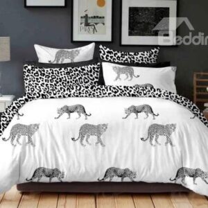 Black and White Leopard Print 4-Piece Cotton Duvet Cover Sets