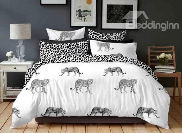 Black and White Leopard Print 4-Piece Cotton Duvet Cover Sets