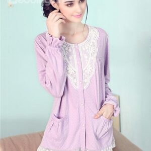 Elegant Light Purple Soft Lace Trim 100% Pure Cotton Pajamas Set