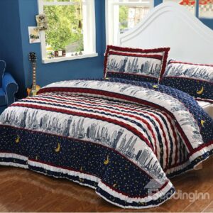 Tall Building and Stars Moon Pattern Stripes Modern Bed in a Bag