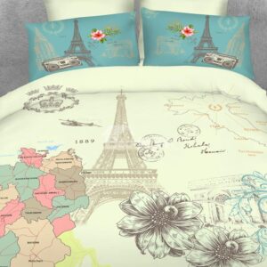 Beautiful Effiel Tower and Map Print 4-Piece Cotton Duvet Cover Sets