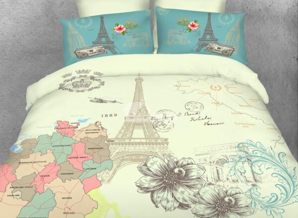 Beautiful Effiel Tower and Map Print 4-Piece Cotton Duvet Cover Sets