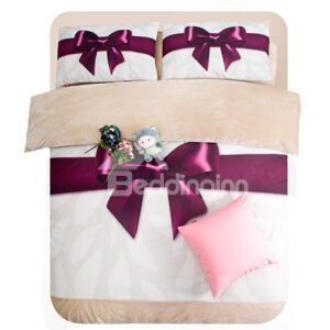 Dark Purple Bow Tie Ribbon Print 4-Piece Cinderella Duvet Cover Sets