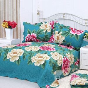 Red and Beige Blooming Flowers Pattern Nature Green Bed in a Bag