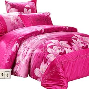 Wonderful Red Lily Print 4-Piece Short Plush Duvet Cover Sets