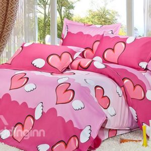 Pink Angel Heart Print 4-Piece Duvet Cover Sets