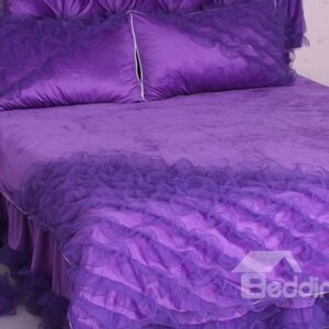 Luxury Purple Lace Trim 4-Piece Fleece Cinderella Princess Duvet Cover Sets
