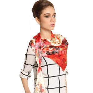 Attractive Red Flower Spread Over Long Mulberry Silk Scarf