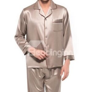 Long Sleeve Open Collar One Patch Pocket Silk Pajamas