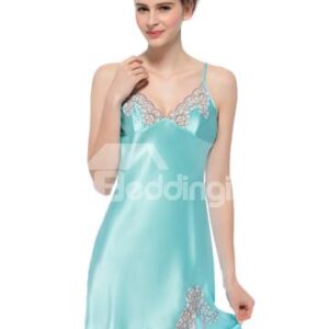 Embroidery Bust Side Vent Spaghetti Strap Silk Chemise