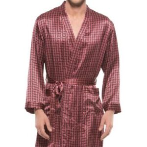 Stylish Burgundy Floral Patterns Flat Collar Belted Mulberry Silk Robe