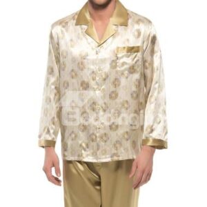 Quality Khaki Floral Pattern One Pocket Long Sleeve Silk Pajamas