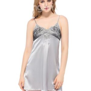 Lace Bust Flower Embroidery Spaghetti Strap Gray Silk Chemise