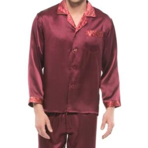 Burgundy Open Collar Floral Trim Long Sleeve Silk Pajama set