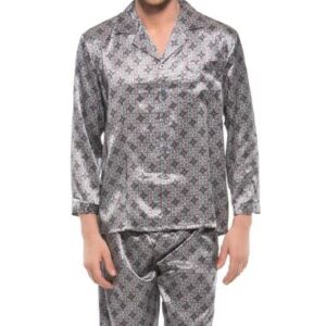 Burgundy Open Collar Floral Trim Long Sleeve Silk Pajama