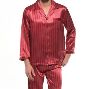 Luxury Burgundy Stripes Open Collar Long Sleeve Silk Pajamas