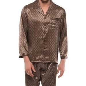 Elegant Bronze Checks Patterns Open Collar Long Sleeve Silk Pajamas