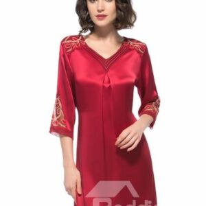Cinderella Luxury Lace Patch Shoulder and Sleeves Folded V-neck Silk Nightgown