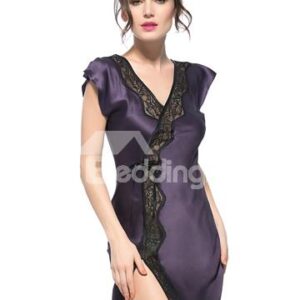 Gorgeous Lace Trim V-Neck and Back One Side Vent Silk Nightgown