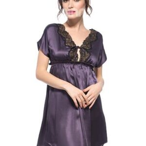 Sexy Half Open Bust and Lace Along V Neck Purple Silk Nightgown