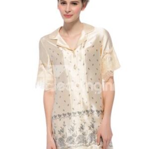 Lace Edged Short Sleeves Floral Pattern Silk Sleepshirt