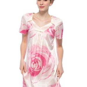 Excellent Pink Rose Flower Print 1Piece Pullover Silk Nightgown