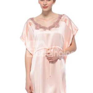 Wide Skin Pink Lace Trim Neckline Silk Nightgown