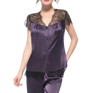 High Quality Purple Lace Capped Sleeves Silk Wrapped Button Pajamas
