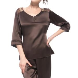 Wonderful Pretty Brown Lace Patched Shoulder Banded Cuffs Silk Pajamas