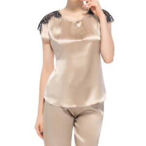 Beautiful Classic Pleated Scoop Neckline Lace Trim Silk Pajamas