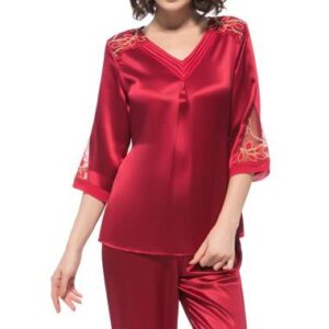 Beautiful Lace Along Shoulder and Cuff Folded Silk Pajamas