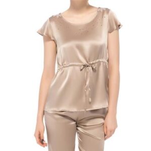 Pretty Embroidery Flower Vent Adjustable Waist Silk Pajamas