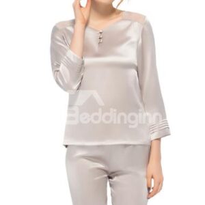 Pretty Lace Shoulder Belted Quarter Sleeves Silk Pajamas