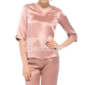 Wonderful Pretty Half Cuff V-Neck Embroidery Silk Pajamas