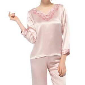 Fantastic Cute Flower Embroidery Full Length Silk Pajamas